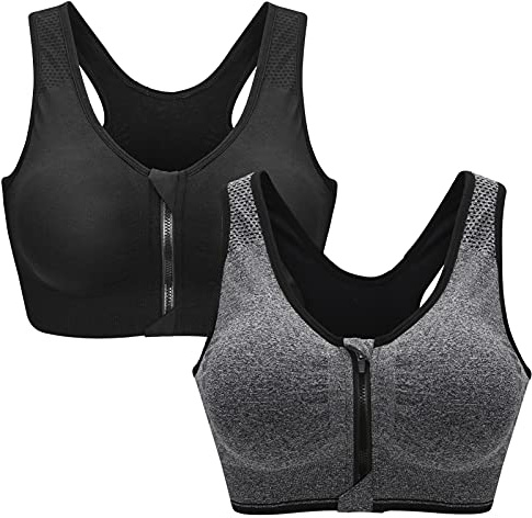 Zoerea Reggiseno Sportivo Sostegno Forte Senza Ferretto da Donna Top Palestra Donna con Cerniera Frontale e Pastiglie Rimovibili per Ginnastica Corsa Yoga Nero + Grigio 5XL