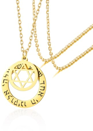 VASSAGO Collana di preghiera ebraica per donne uomini in acciaio inox Shema Yisrael Stella di Davide ciondolo Benedizione religiosa ebraica Gioielli (collana d'oro con stella ebraica)