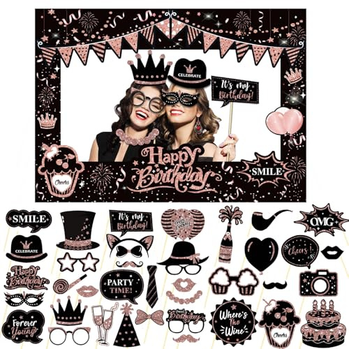 LMSHOWOWO 38PCS Rose Gold Glitter Birthday Photo Booth Props and Giant Paper Photo Booth Frame, Funny Selfie Props, Personalised Selfie Frame, for Birthday Party Decorations Men Women