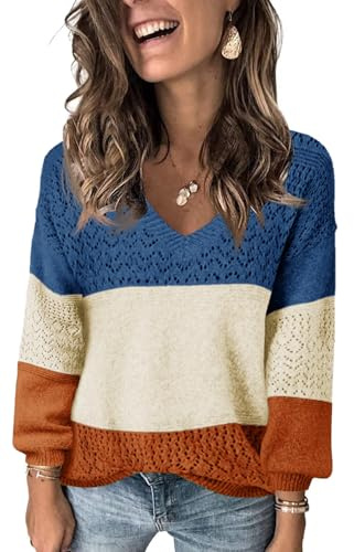 Fisoew Jersey de punto con cuello en V para mujer, manga larga, suéter acanalado, suéter ligero de ganchillo, suéter informal, naranja, S