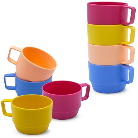 Återanvändbar plastkaffekopp med 8 färgglada – 300 ml – campingmugg med handtag okrossbar återanvändbar – kaffemugg plastmugg livsmedelssäker diskmaskinssäker