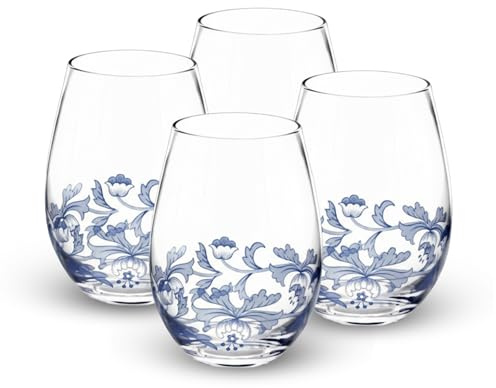 Spode Blue Italian Stemless Wine Glasses, Set of 4 - 19oz Artistic Tumbler-Style Goblets with Scenic Border & Scroll Accent for Red or White Wine, Casual Dining, Entertaining - For Outdoor Gatherings