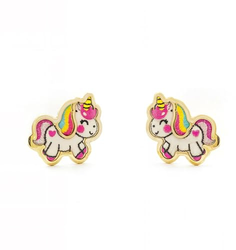 Pendientes Oro Niña Unicornio Esmaltado (9kts) - Estuche Regalo - Certificado de Garantía - Mondepetit