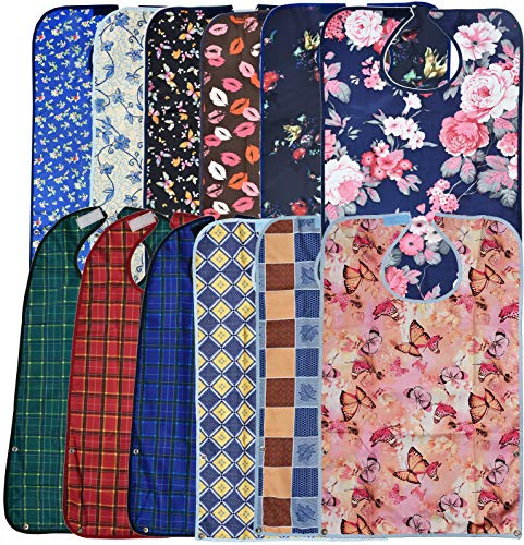 Celley 12 Pack Adult Bibs with Crumb Catcher - Waterproof and Reusable Clothing Protectors for Elderly, Seniors and Disabled Mixed