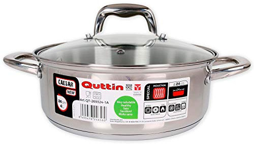 Quttin | Cacerola Profesional New Caesar de Inducción para Cocina y Horno | Cacerola Grande de Acero Inoxidable Antiadherente con Tapa de Cristal y Asas | 24 cm/4 L | Apta para Todo Tipo de Cocinas