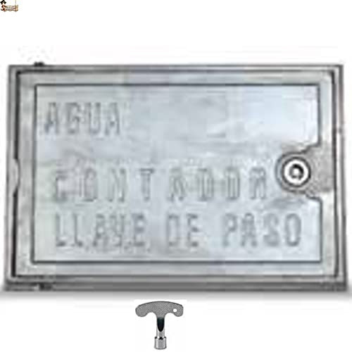 BricoLoco Tapa caja contador agua exterior o interior con puerta. Registro con cerradura y llave. Fabricado en aluminio. Con inscripción. Cubre contador. (Medida 30x40 centímetros.)