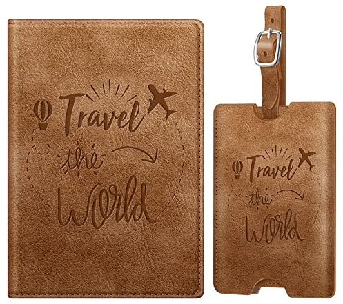 Fintie Reisepasshülle und Gepäckanhänger Set, Reisepass Impfpass Hülle mit RFID Blockier, Kofferanhänger mit Adressschild Namenschild für Reisetasche Koffer, Vintage Dunkelbraun