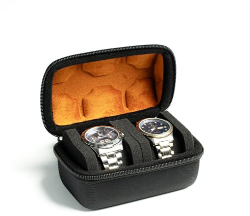 AUKURA 2 slot watch Roll Travel Case for men, Hard Zipper Organizer box for Large watch with anti-move watch pillow (Black 2slot microfiber lining)