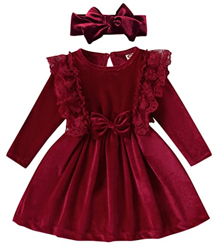 Robe de princesse en velours pour bébé fille - Manches longues - Dentelle - Ligne A - Avec bandeau - Pour mariage, fête, automne et hiver - Vêtements, rouge bordeaux, 18-24 mois