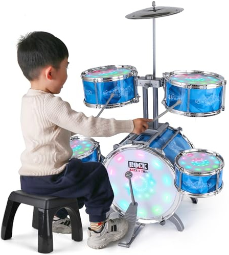 Kids Drum Set for Toddlers with 5 Jazz Drum Kit & Lights (Vibrating-Controlled) & Alloy, Musical Instruments Toys, Boys Gifts for Aged 1-3 3-5