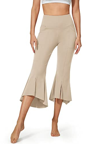 G4Free Pantalones capri para mujer, corte de bota, pantalones de yoga acampanados, leggings con volantes y bolsillos, Caqui, X-Large