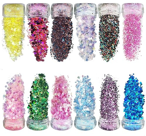 Festival Glitzer Gesicht für Festliche Verkleidungen, 12 Farb-Set Body Glitter für Nagelkunst und Körper, Gesicht, Haare, Kleidungsdekoration, Feminine Glitzer Make Up Pailletten und Festival Zubehör