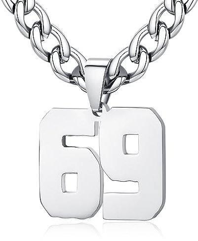 XIRUVE Herren Damen Edelstahl 0-99 Zahl Anhänger Glückszahl Jersey Nummer Sportler Halskette Personalisierte mit 6mm breite Panzerkette 69