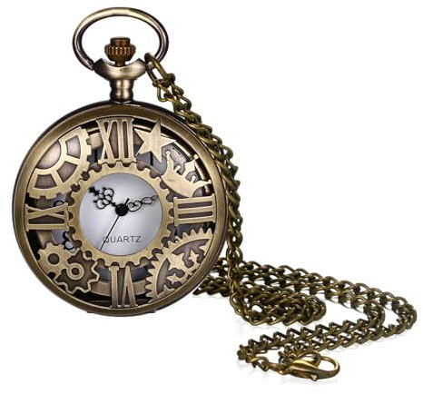 JewelryWe Taschenuhr mit Kette Herren Zahnrad - Vintage Stern Krone Römische Zahlen Zahnrad Hohle Openwork Design Taschenuhr Männer Analog Quarz Kettenuhr Antik Uhr mit Halskette Geschenk