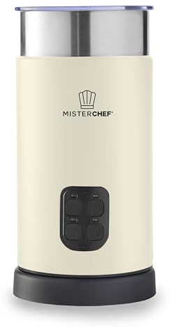 MisterChef Large 500W Automatic Milk Frother & Warmer – 4 Modes Hot & Cold Milk Frothing – 300ml Heating / 150ml Frothing Capacity – Silent Operation – Extra Whisks – Chrome Cream