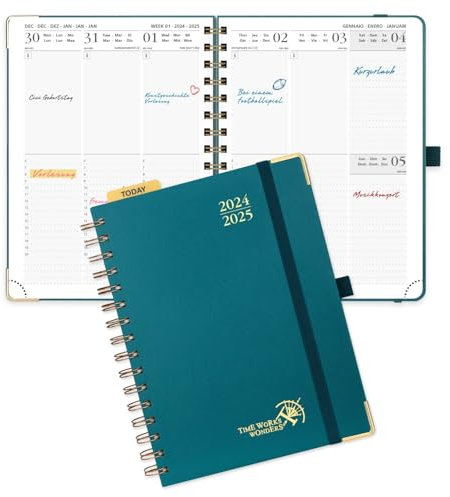 POPRUN Kalender 2025 Buchkalender (Aug.2024-Dez.2025) Ringbuch mit Hardcover, ca. A5 (21,5 x 16 cm), 17-Monate-Terminplaner, Wochenplaner 2025 mit Plastiklineal - Pazifikgrün