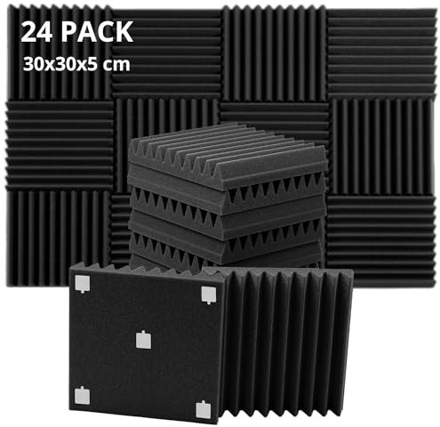 ROVSON Akustikschaumstoff, 24 Stück Akustikpaneele, 30x30x5cm, Hochdichte Schallabsorber Wand, Schallabsorber, Schalldämmung für Tonstudio, Anthrazit-Grau, Enthält Klebstoffe