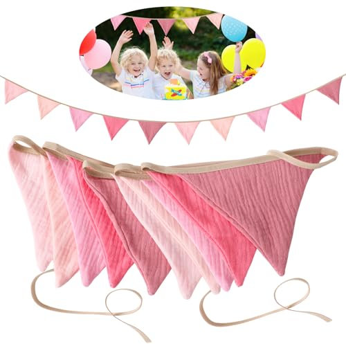 SUNtoys Wimpelkette 2.8M Kinderzimmer Stoff Girlande, Musselin Deko für Kindergeburtstag Lang 280cm Happy Birthday