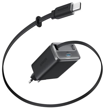 Anker Nano USB-C Laddare, 35W, 2-Port Kompakt Laddare med Hållbar Inbyggd Anker InstaCord återkallbar Kabel, (Svart, Inget Batteri)