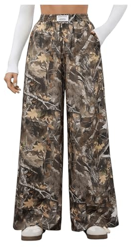 RoseSeek Girl's Wide Leg Camo Pants Elastic High Waisted Baggy Long Trousers Streetwear Army Green 11Y