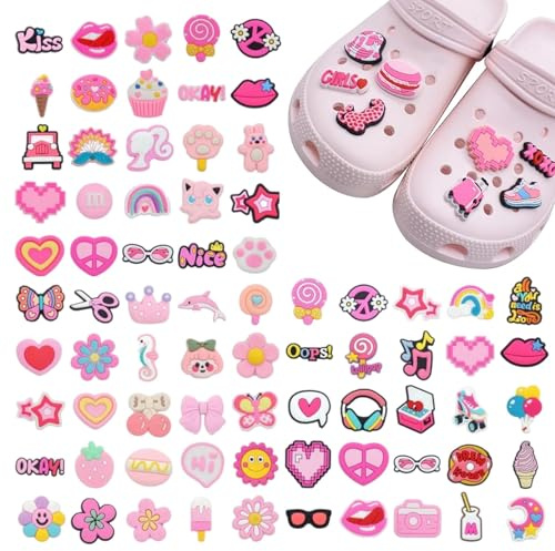 30 PCS Pink Croc Charms Shoe Accessories Cute Charms for Clogs, Puv Shoe Charms Decoration Accessories, DIY Shoe Decorations for Kids Adults Teens Birthday Party