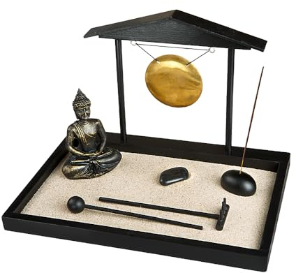 Loveria Zen Garten Miniatur Buddha, Nero | 28x19 cm | Set con sabbia, figura, gong in metallo, gancio corto, cursore, figura di Buddha, vassoio | Pausa alla scrivania