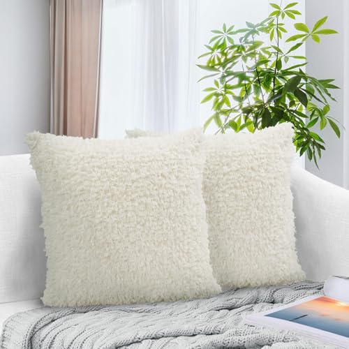 ACUSHLA Set di 2 federe per cuscini soffici, 45 x 45 cm, in morbida pelliccia sintetica, lussuose, decorative, moderne, a pelo lungo, per decorare la casa, divano, soggiorno, letto, sedia (bianco)