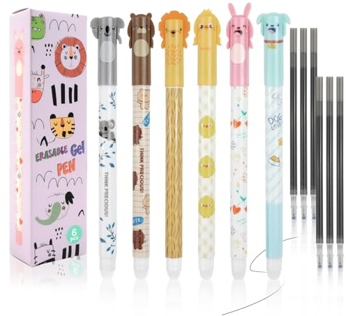 6 pièces rayable stylo à bille, 0,5 mm pointe gel stylo rayable avec thermosensible tinte rayant, stylos amusants, rouleau d'encre stylo effaçable pour enfants cadeau, Kawaii stylos animal motif