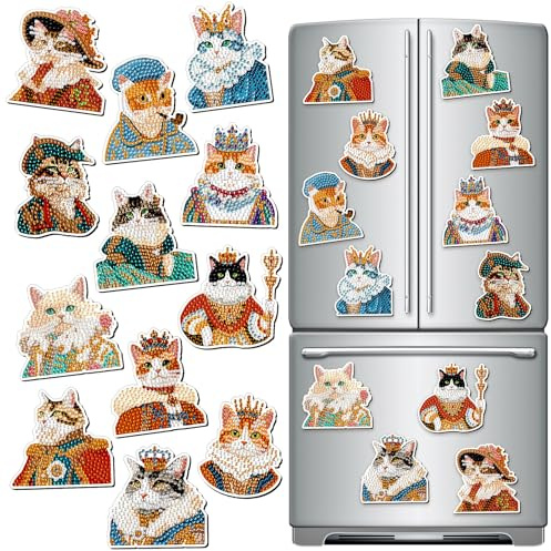 Zonon 12 Pcs Refrigerator Diamond Painting Magnets Easy Diamond Art Painting Magnetic Stickers Kits Fridge Magnets for Adults DIY Home Decors(Cats Style)