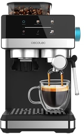 Cecotec Macchine da Caffè Espresso Power Espresso 20 Grind. 1350W, 20Bar, Caffè con Vapore, 2 Tazze, Schermo Tattile, Macinacaffè, Serbatoio Caffè 150g, Acqua 1.7L, Schiumatore, Thermoblock, Sicurezza
