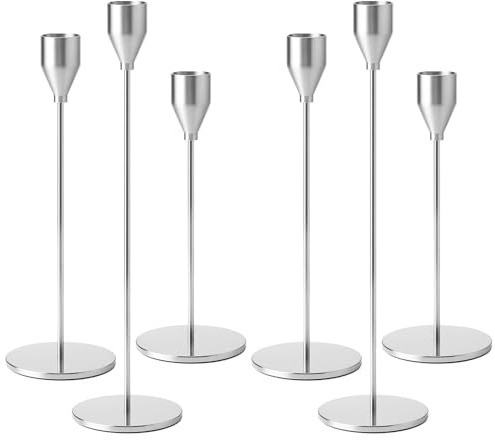 Druuzyl Set di 6 Portacandele da Tavolo in Metallo argento 33/29/23cm - Candelabri Vintage per Matrimoni e Cene Romantiche - Decorazione Nuziale con Candele per Anniversari e Feste (argento)
