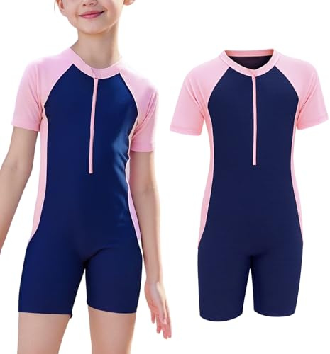 viiotu Kids Swimming Costume for Girls Boys, One Piece Short Sleeve Swim Suit Kid, UPF 50+ Sun Protection Kids Swimwear Bathing Suits Zipper 3-13Y