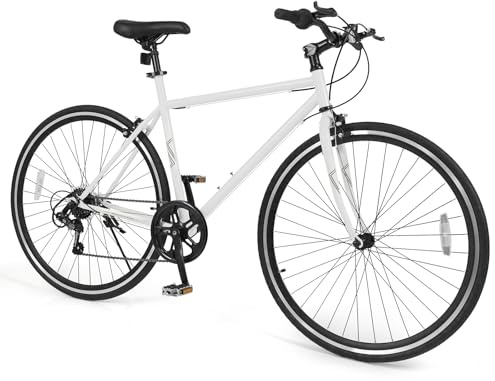 Goplus Mountain Bike, 26 Cycling Bicycle w/ 6-Speed Drivetrain, Front and Rear Dual Brakes, Adjustable Seat, All-Terrain Tires, Outdoor MTB City Bike for Men Women Teens Adults (White)