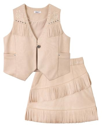 LOLANTA Kids Cowgirl Costume, Girls Faux Suede Fringe Tassel Waistcoat+Skirt Set, Cowgirl World Book Day Fancy Dress Halloween Western Party Outfit