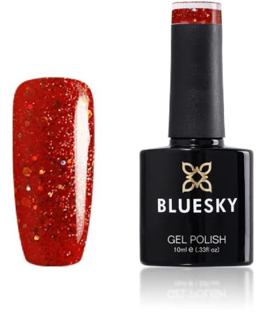 Bluesky Gel-Nagellack, Bright Red VIP15, 10 ml, Rot/Orange Glitter, erfordert Trocknung unter UV-LED-Lampe)