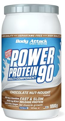 Body Attack Power Protein 90, Cioccolato-Torrone 1 kg, 5K proteine in polvere con proteine del siero di latte, L-carnitina e BCAA per la costruzione muscolare e il fitness