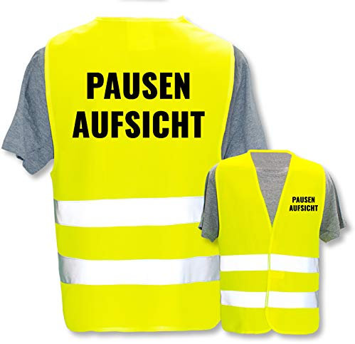 Bedruckte Warnwesten mit ISO-Leuchtstreifen * Standard- oder Reflex-Druck * Thema Kinder & Schule, Warnweste Begriffe Schule:Pausenaufsicht, Farbe + Größe:Gelb (XL/XXL)