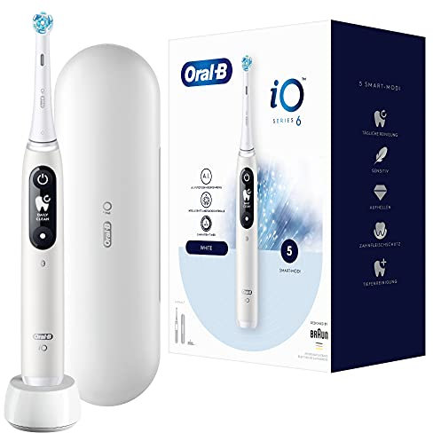 Oral-B iO Series 6 Elektrische Zahnbürste/Electric Toothbrush, 5 Putzmodi für Zahnpflege, Magnet-Technologie, Display & Reiseetui, Geschenk Mann/Frau, Designed by Braun, white