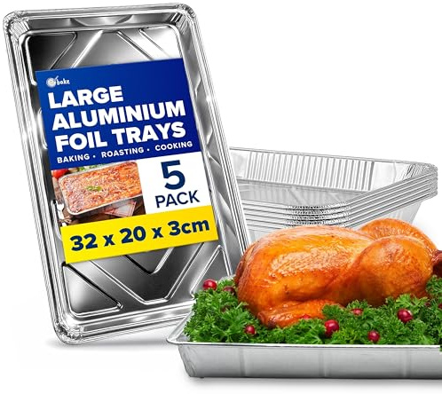 ebake Aluminium Foil Trays - 5 Pack Disposable Foil Containers (32cm x 20cm x 3cm) - Large Roasting Tin for Baking, Roasting, Cooking, Broiling, BBQ and Food Storage - Foil Baking Trays for Oven