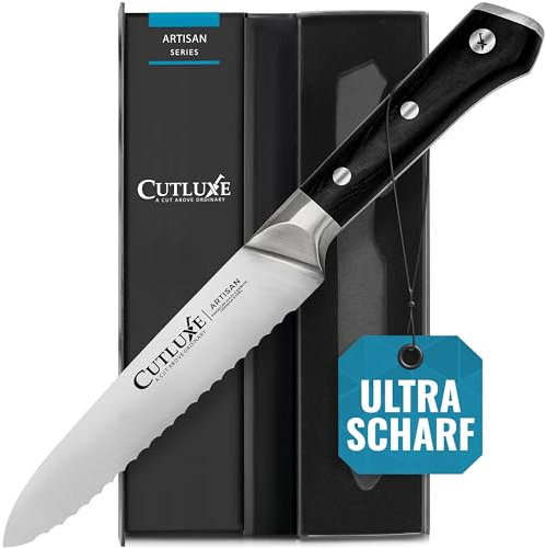Cutluxe Seghettato Coltello Universale - 13 cm Coltello da Cucina Professionale - Coltello Pomodoro - Coltello Verdure - Acciaio Tedesco al Carbonio Forgiato - Impugnatura Ergonomica - Serie Artisan