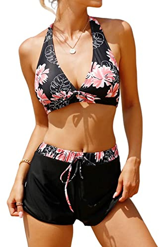 RITOSTA Bikinis Mujer Push Up Traje de Baño Bañadores de Conjunto de Sujetador Acolchado Bikini Brasileño Biquini Deportivo Bañador Natacion Mujer Cuello Halter Cuello en V (Negro + Estampado,L)