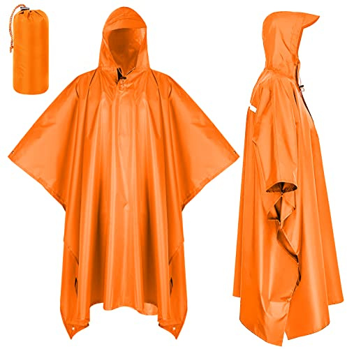 SOPPY Vattentät regnponcho, lätt återanvändbar vattentät regnrock med bärpåse, 3-i-1 multifunktionellt regnskydd för cykling vandring camping utomhusaktiviteter, Orange, XL-XXL