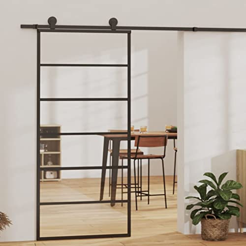 Homgoday Puertas correderas Puerta de Granero corredera Estilo rústico Puerta corredera Aluminio y ESG Vidrio Puerta corredera 90 x 205 cm Negra