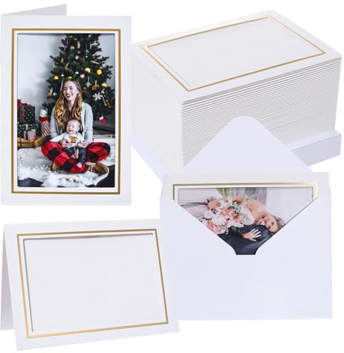 Litpoetic 50 Count Photo Frame Cards with Envelopes 4x6 Paper Picture Frame Notecards Photo Card Holder for Christmas Greeting New Year Birthday Wedding Classroom DIY Craft - White with Gold Lining