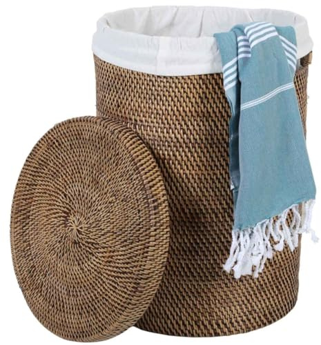 Cesto portabiancheria Cleo in rattan, rotondo, con coperchio e sacco interno, Ø 40 cm x altezza 60 cm, taglia XL LOM20023