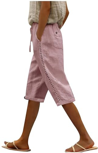 Women's Cotton Linen Shorts - Elastic Waist Cropped Trousers with Drawstring & Pockets - Perfect for Summer Casual Wear