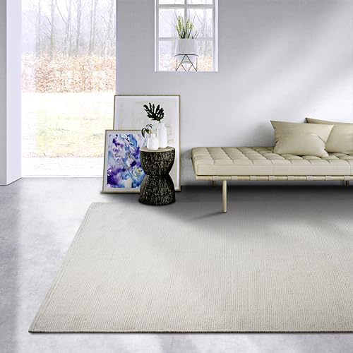 Elle Decor ation Pradesh Alfombra de Lana Natural, Tejida a Mano y respetuosa con el Medio Ambiente, para salón, Dormitorio, Comedor, Pasillo, Cocina, Color Blanco Natural, 120 x 170 cm