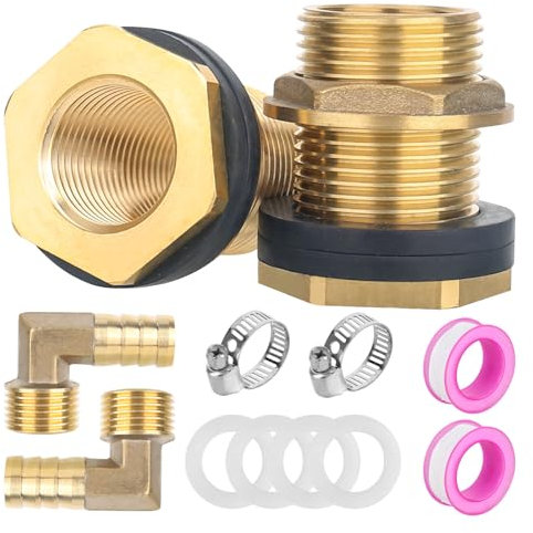 elthmpr Atornillado para depósito de latón – 2 piezas de rosca de barril de 3/4 pulgadas, paso de barril de lluvia con abrazaderas de manguera, cinta de agua para grifos, tanques de agua y barril de