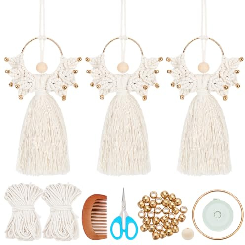 ORIGACH Set di 3 angeli macramè per principianti, set di bottoni macramè, per fai da te e annodare, con istruzioni (lingua italiana non garantita), per decorazione da parete macramè