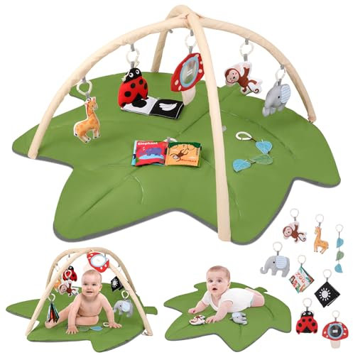 Lilian&Gema Spielbogen Baby, Grünes Blatt Spieldecke Baby, Baby Spielmatte mit 8 Spielzeugen, Spielmatte Baby Faltbar, Krabbelmatte Baby ab der Geburt, Baby Spielmatte Neugeborenes Baby Geschenk